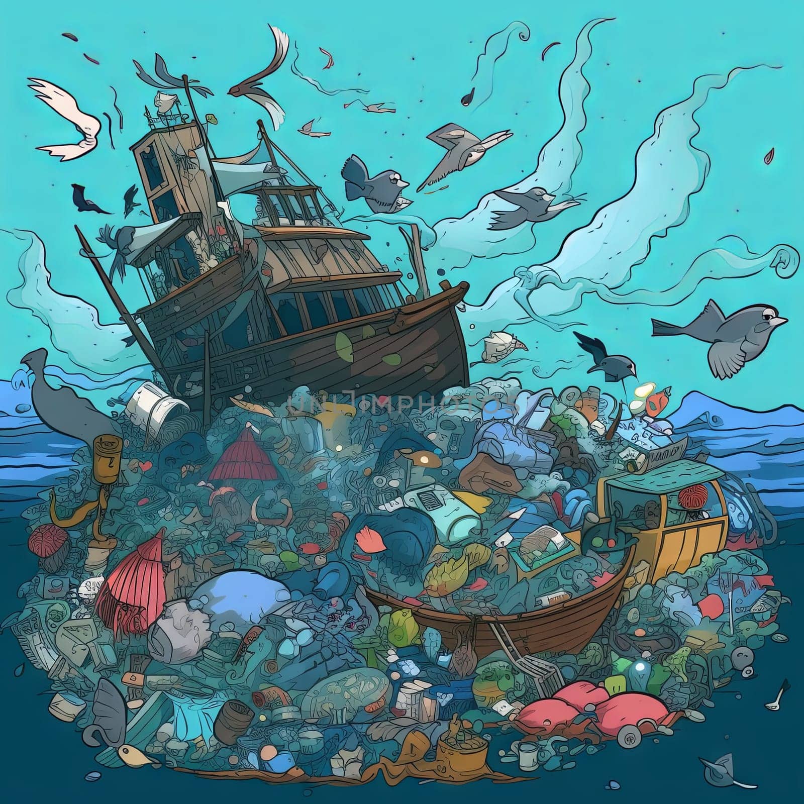 The ship ran aground because of a pile of garbage in the sea. High quality photo