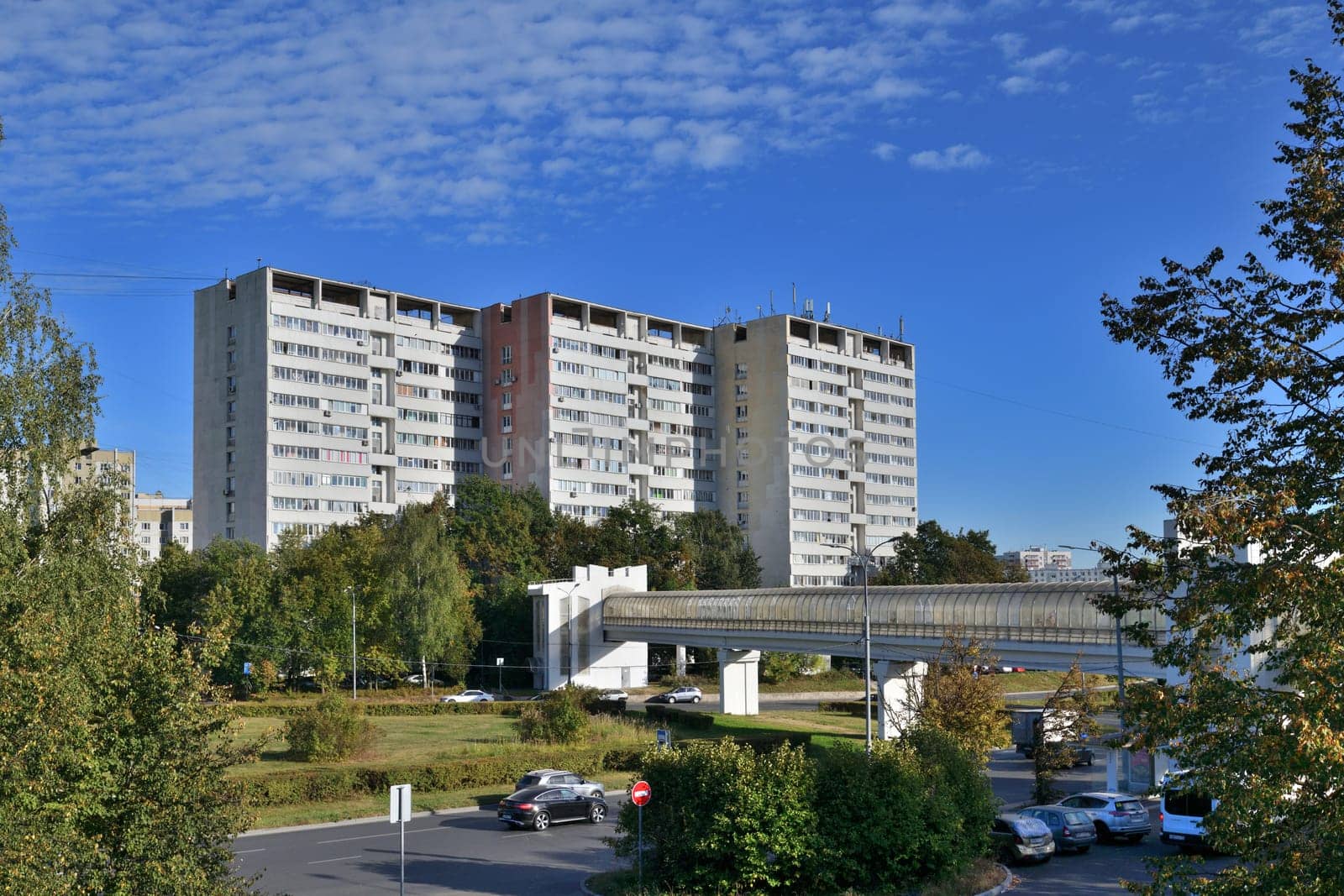Moscow, Russia - Sept 20. 2024. the 6 microdistrict of Zelenograd. Overground pedestrian crossing
