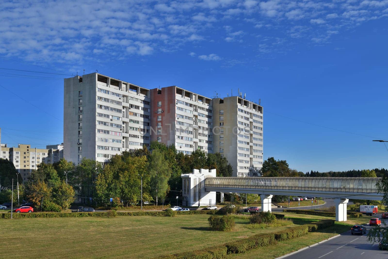 Moscow, Russia - Sept 20. 2024. the 6 microdistrict of Zelenograd. Overground pedestrian crossing