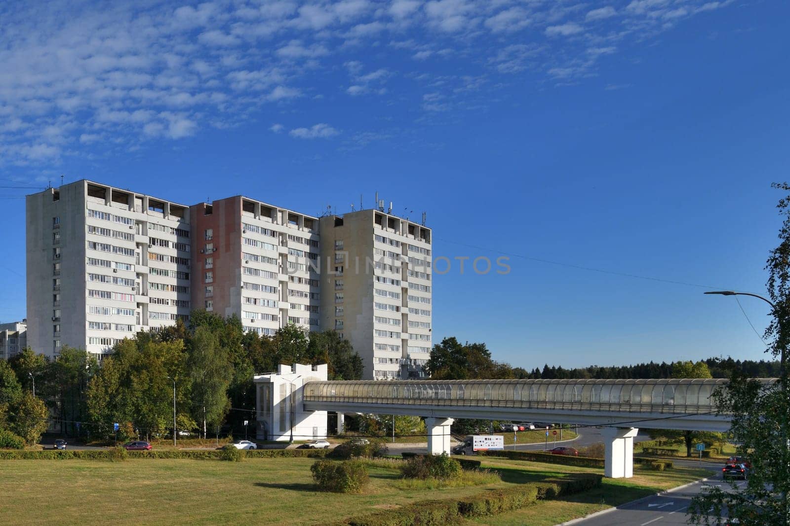 Moscow, Russia - Sept 20. 2024. the 6 microdistrict of Zelenograd. Overground pedestrian crossing