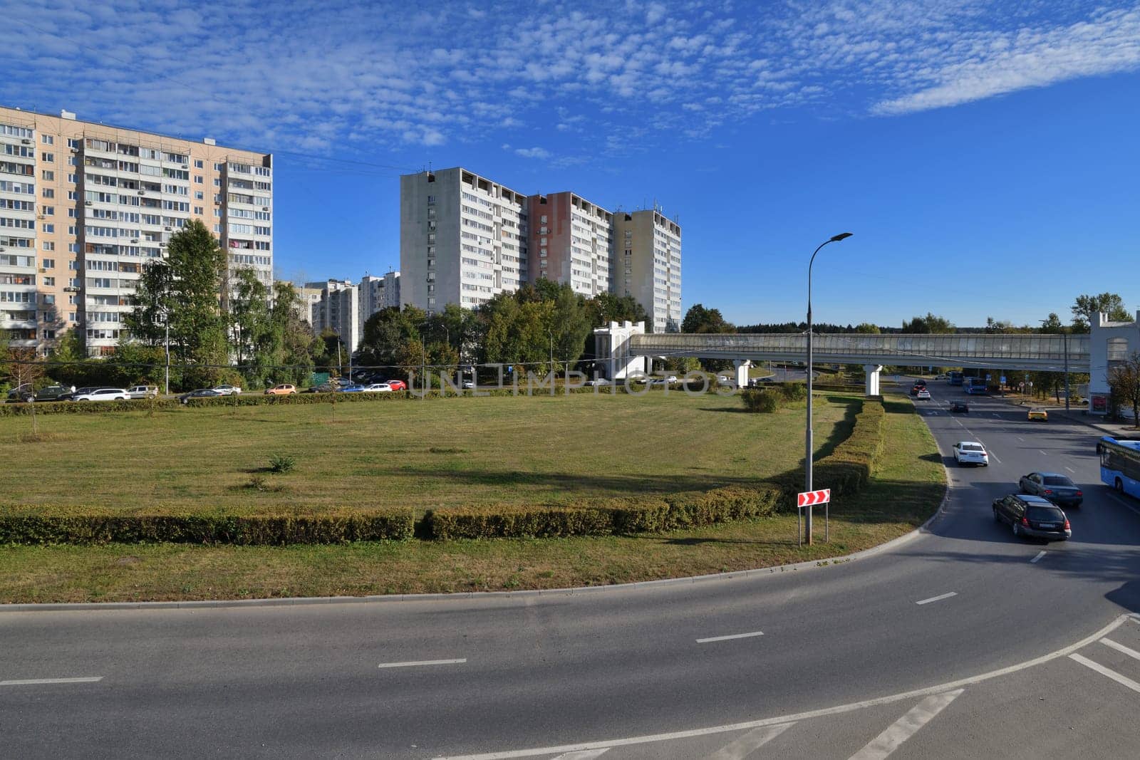 Moscow, Russia - Sept 20. 2024. the 6 microdistrict of Zelenograd. Overground pedestrian crossing
