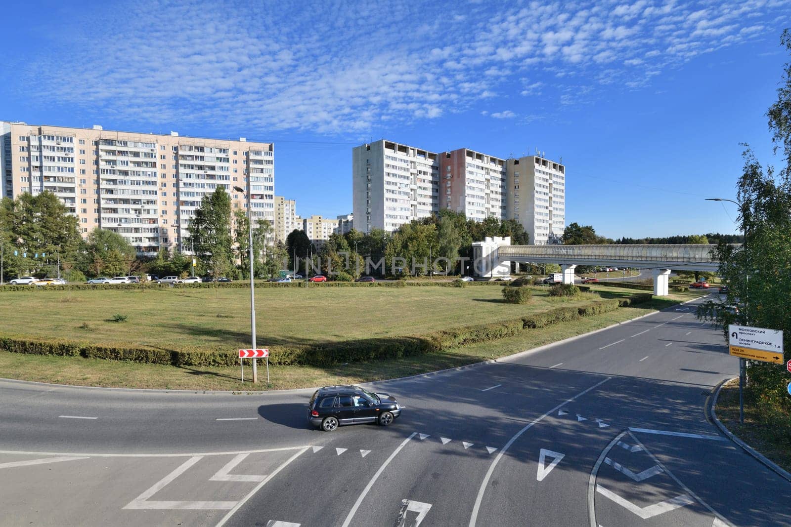 Moscow, Russia - Sept 20. 2024. the 6 microdistrict of Zelenograd. Overground pedestrian crossing