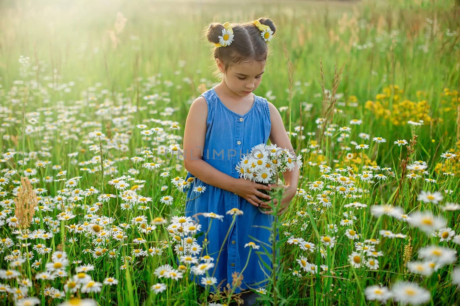 little girl in blue dress holding a jar with a bouquet of daisies, in a field, on a sunny day