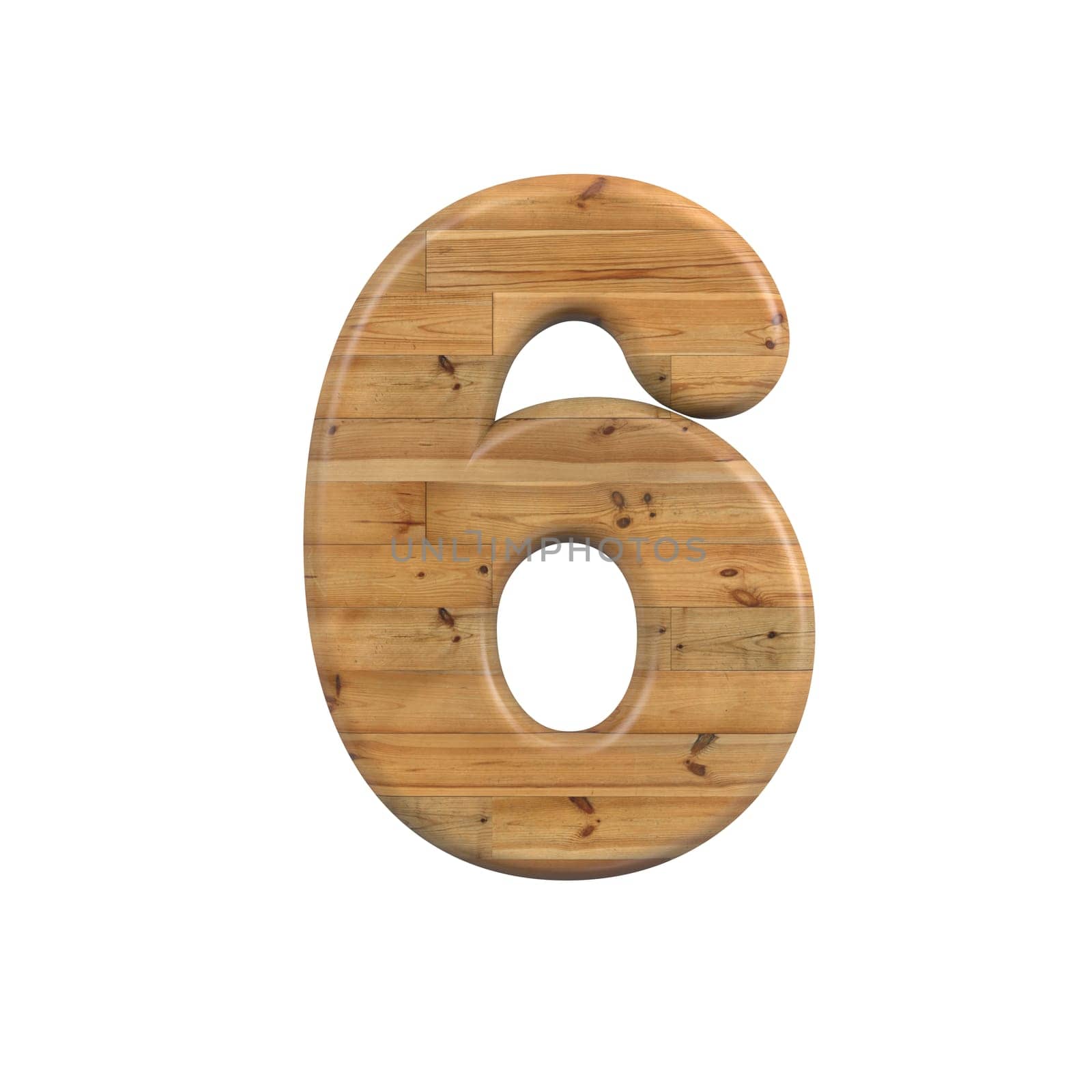 Wood number 6 - 3d pine digit isolated on white background. This alphabet is perfect for creative illustrations related but not limited to Decoration, nature, wood...
