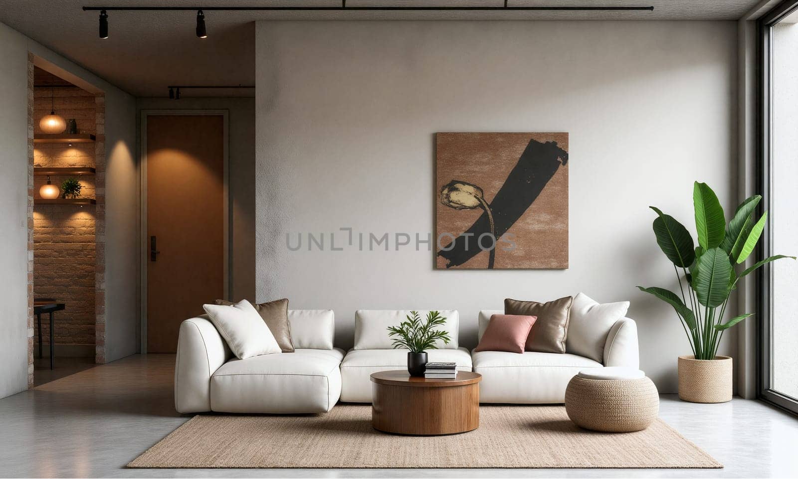 Stylish white sectional couch with pillows, round wooden coffee table, and potted plants enhance this contemporary living room setting in a well-lit space - Generative AI