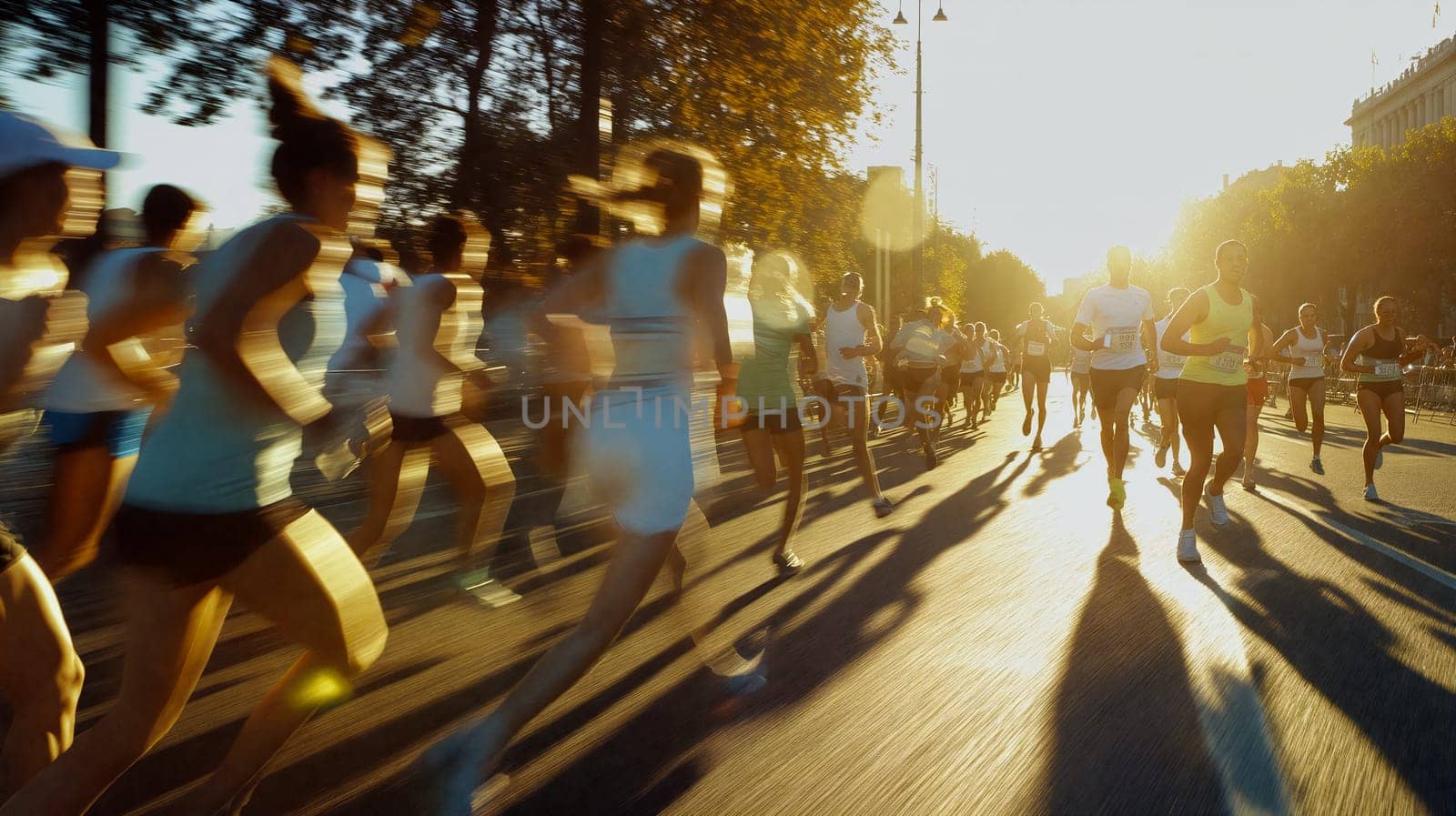 Runners of various ages participate in a vibrant marathon at sunrise, as sunlight casts a golden glow on the bustling streets - Generative AI