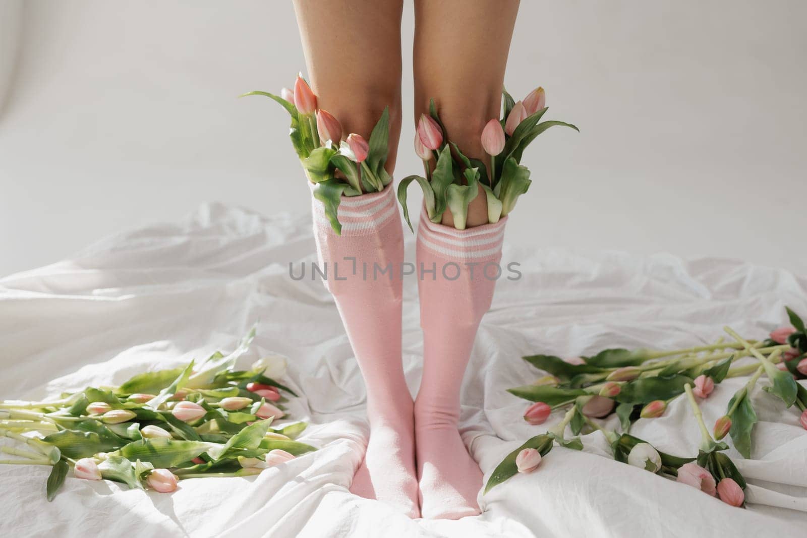 Legs in pink socks filled with fresh tulips on a white bed, playful floral fashion concept, soft natural light aesthetic.