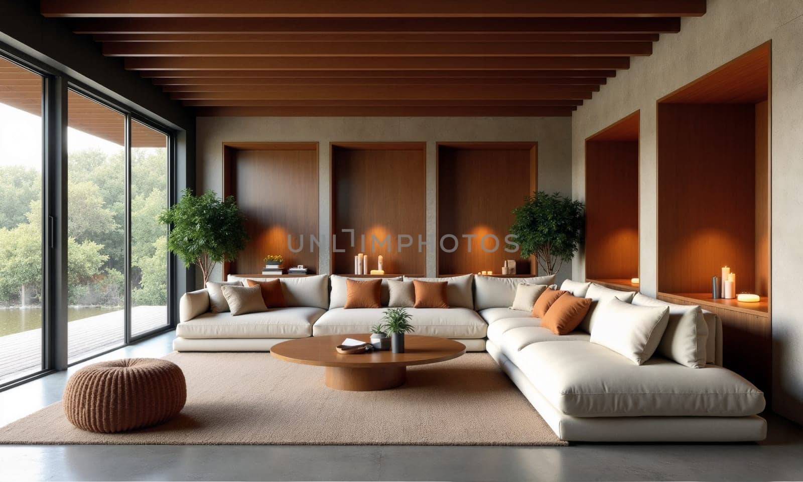 A spacious living room features a large, comfortable sectional sofa and natural elements. Large windows illuminate the serene space with greenery outside - Generative AI