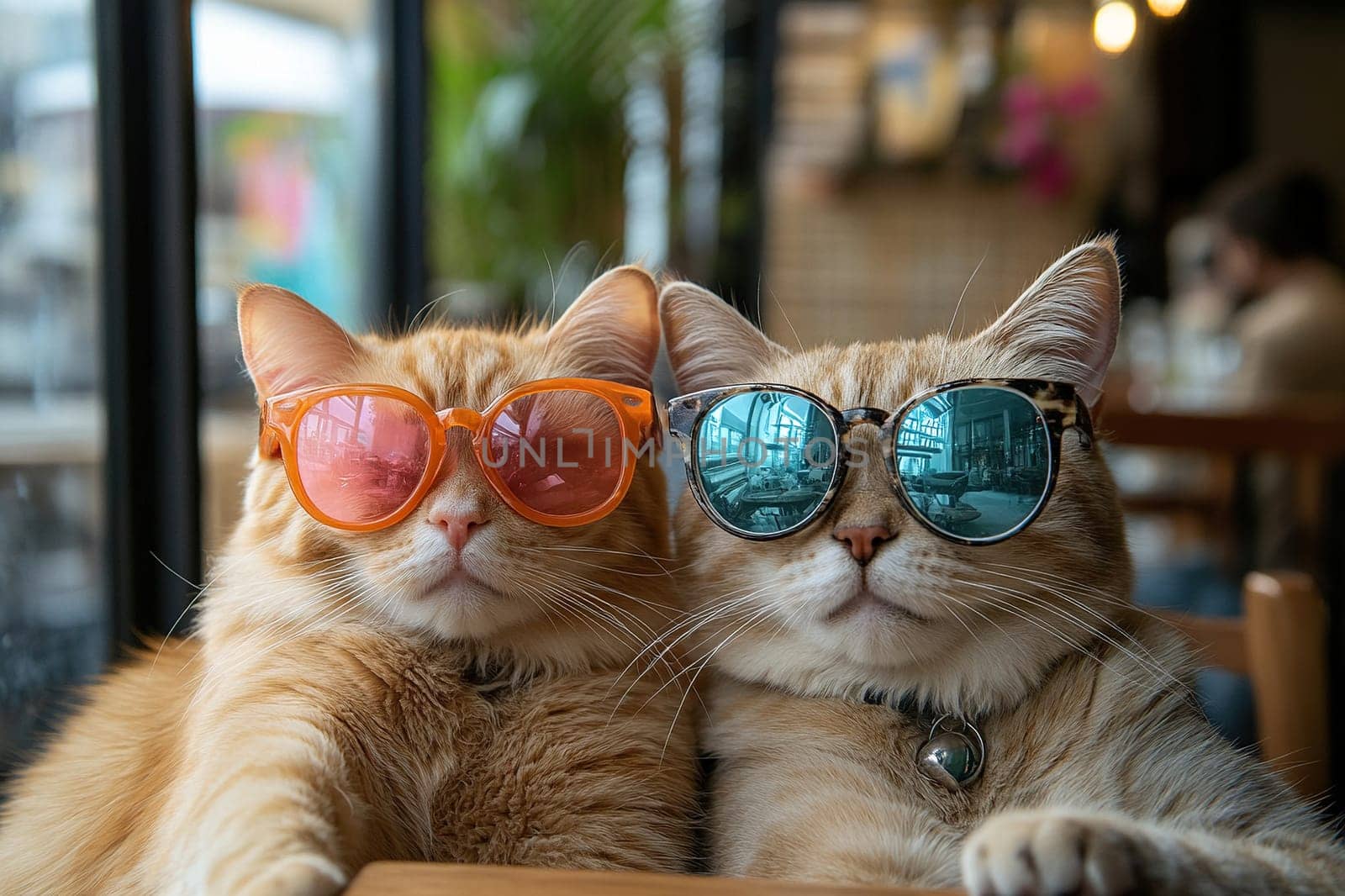 Two stylish cats take a selfie at a cafe table