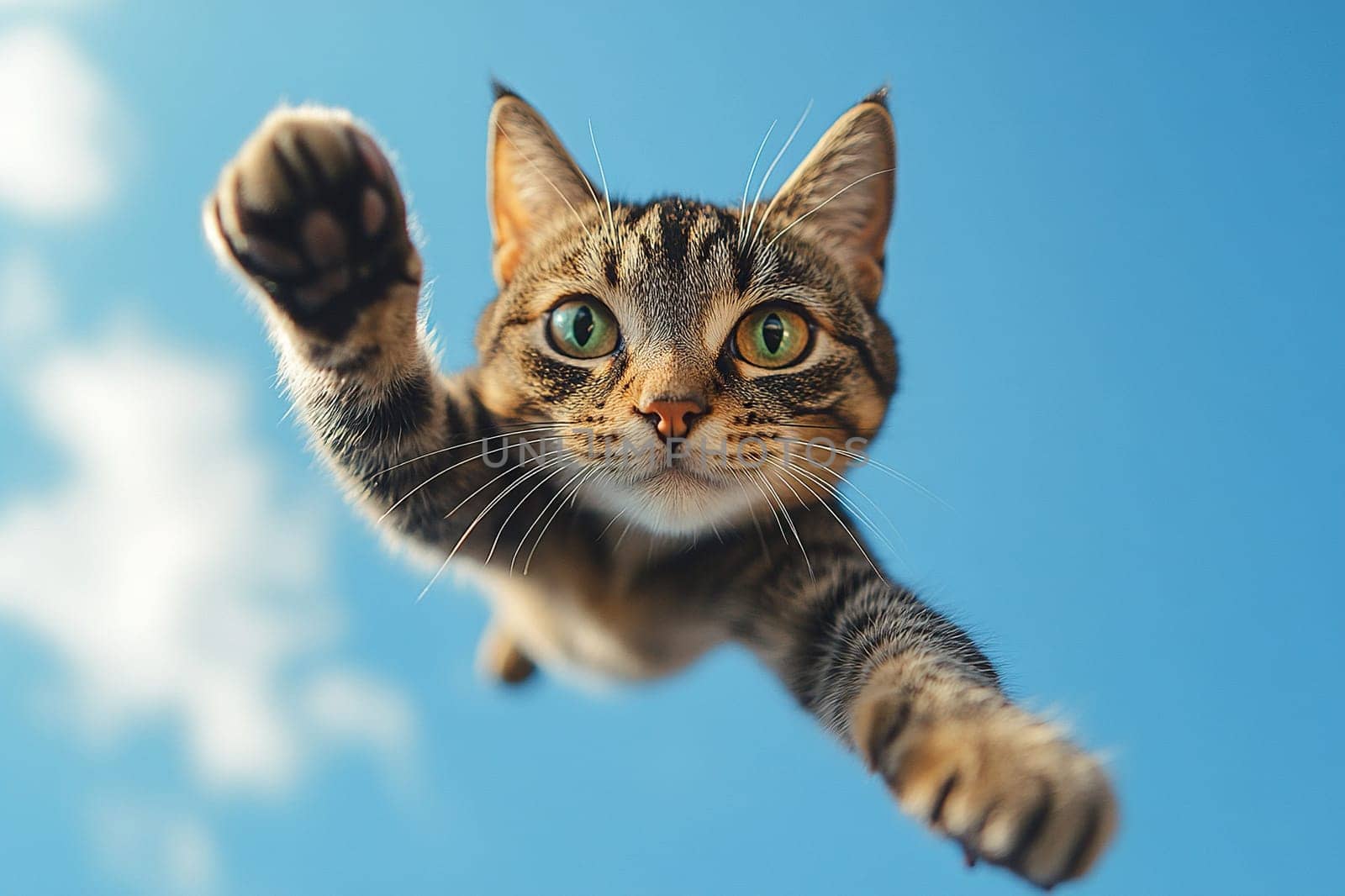 A grey cat jumps straight towards the camera against a blue sky, creating the illusion of flight.