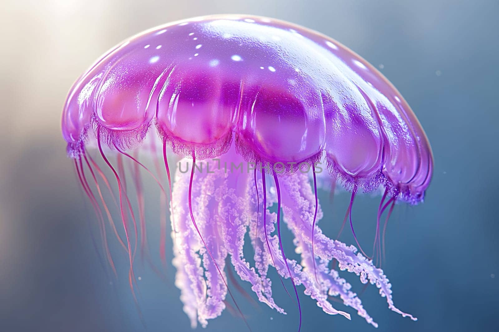 luminescent purple jellyfish floating in water, ultra realism, very close up of jellyfish