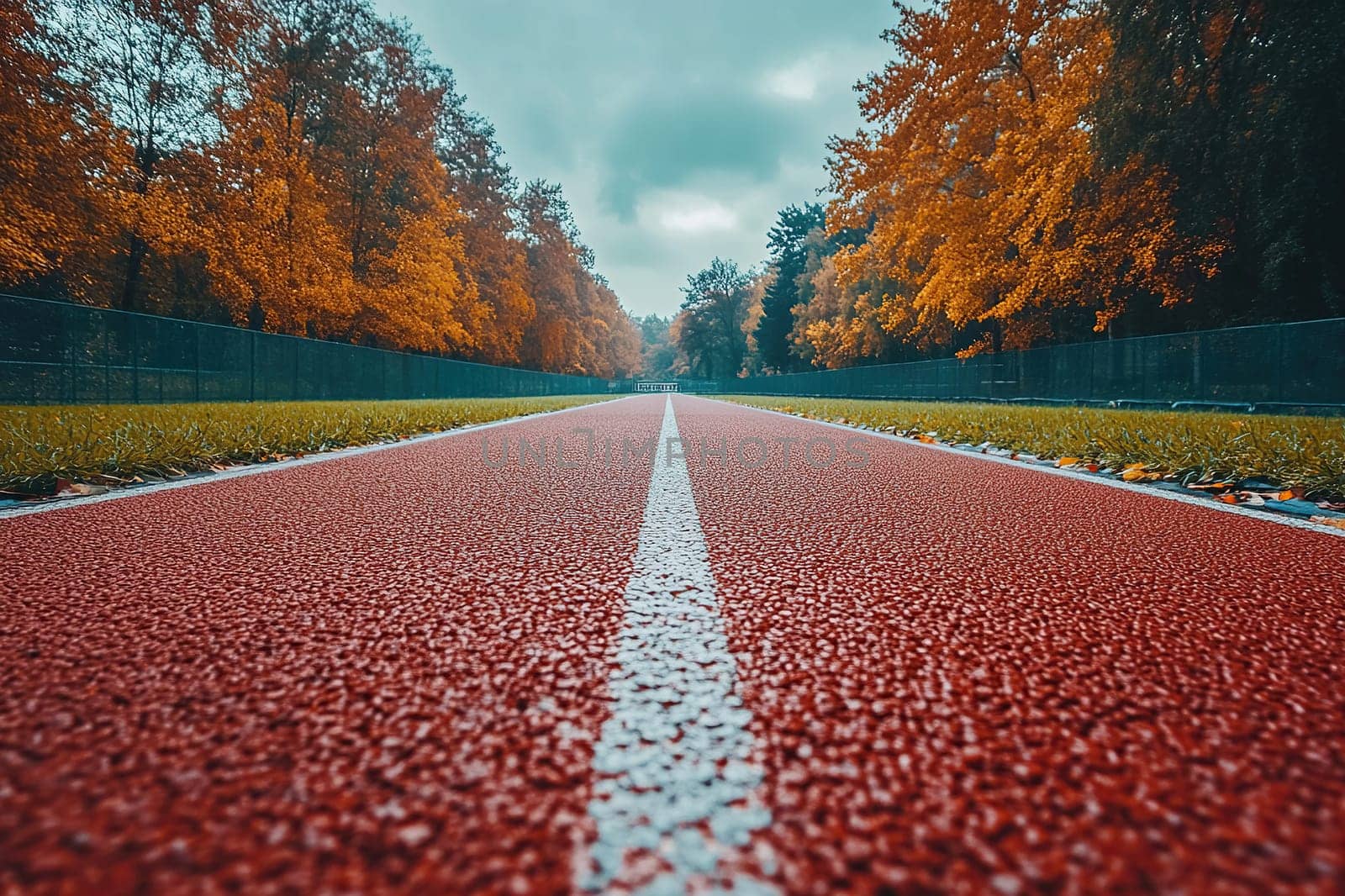 A red running track with a white stripe down the center at an outdoor sports stadium.