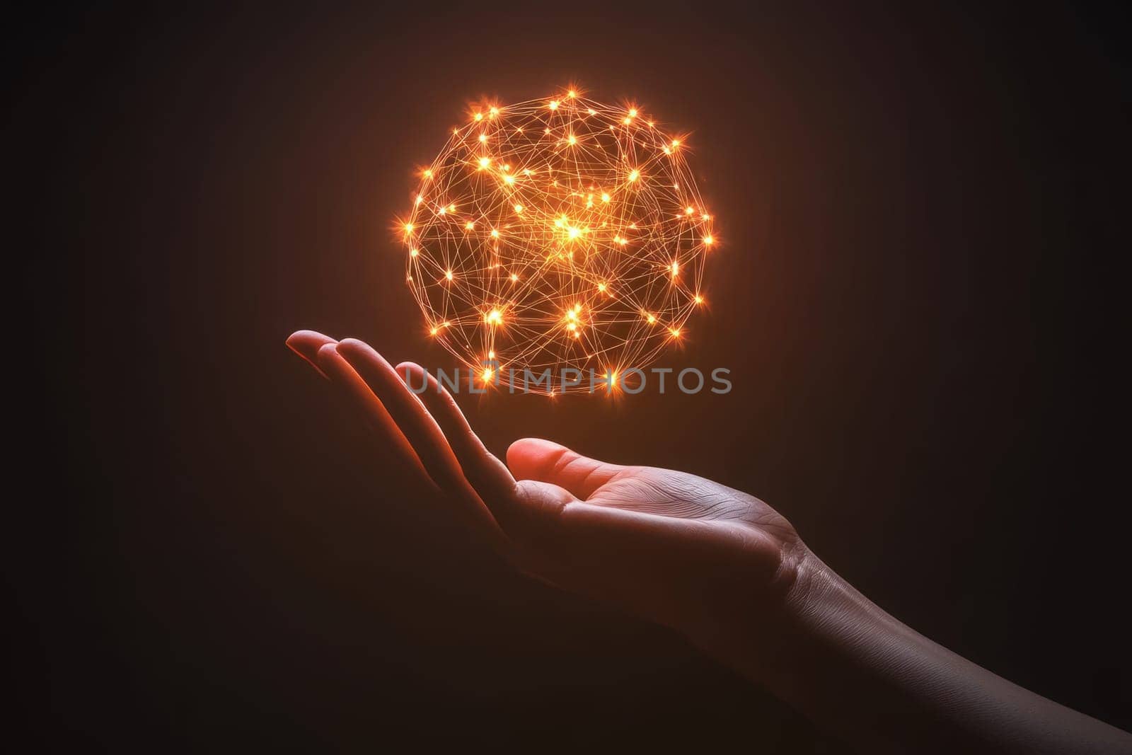 A hand holding a glowing orb made of digital symbols, representing knowledge. The orb illuminates a network of interconnected ideas, signifying the empowerment through digital literacy.
