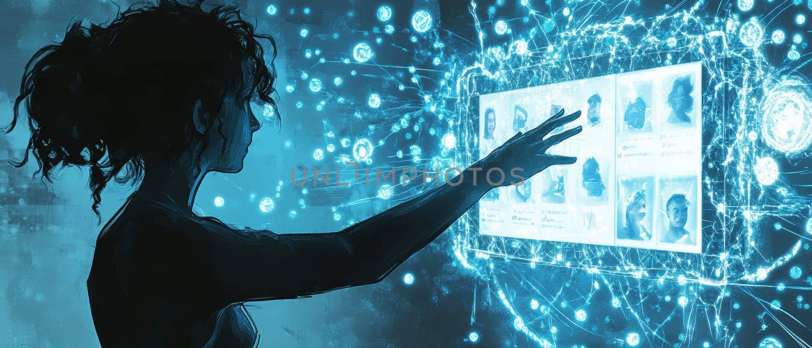 A person reaches out to a holographic screen displaying various causes, with blue-toned dots and lines flowing toward the screen.
