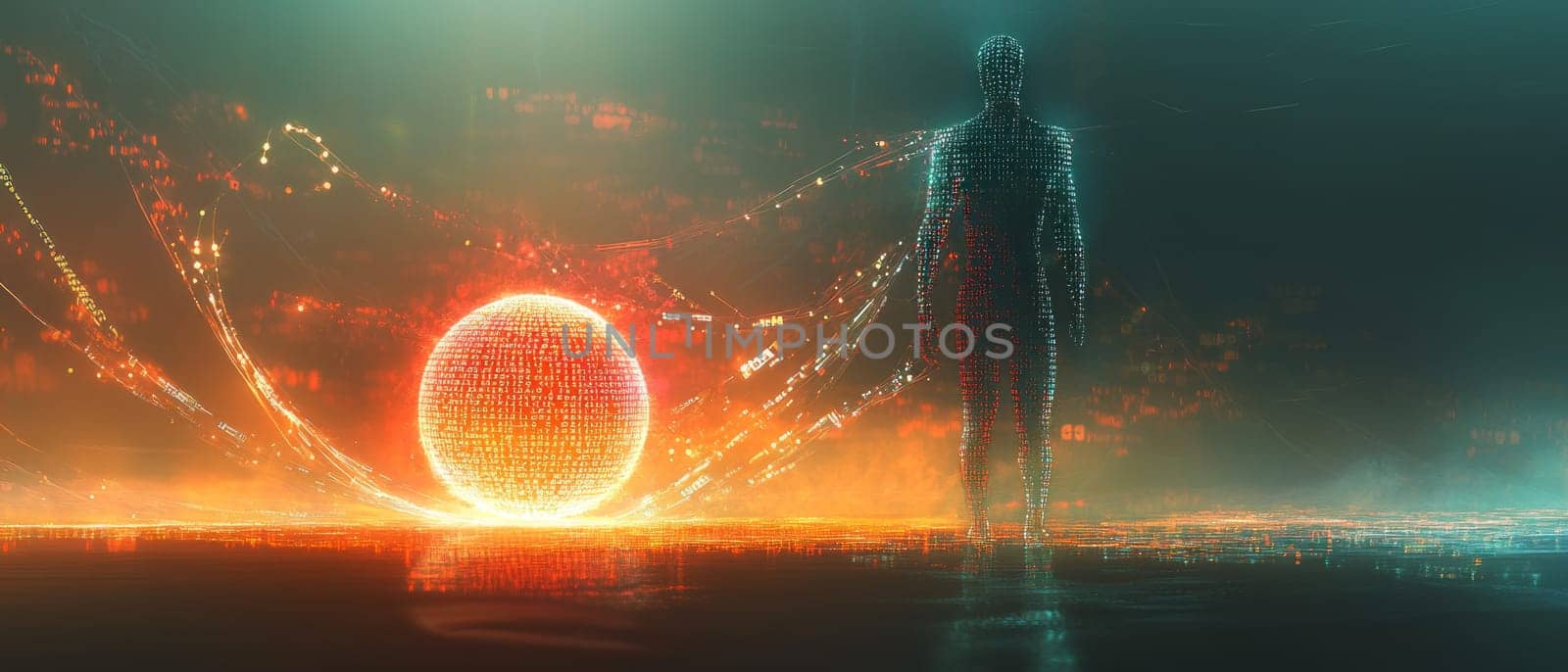 A shadowy figure made of abstract digital code, standing watch over a glowing orb that represents personal data. Holographic lines connect the figure to the orb, symbolizing privacy.