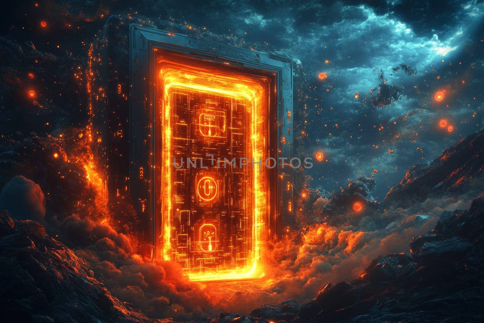 A massive, glowing vault door embedded in a digital landscape. The door is covered in holographic locks and surrounded by swirling data particles, symbolizing secure data privacy.