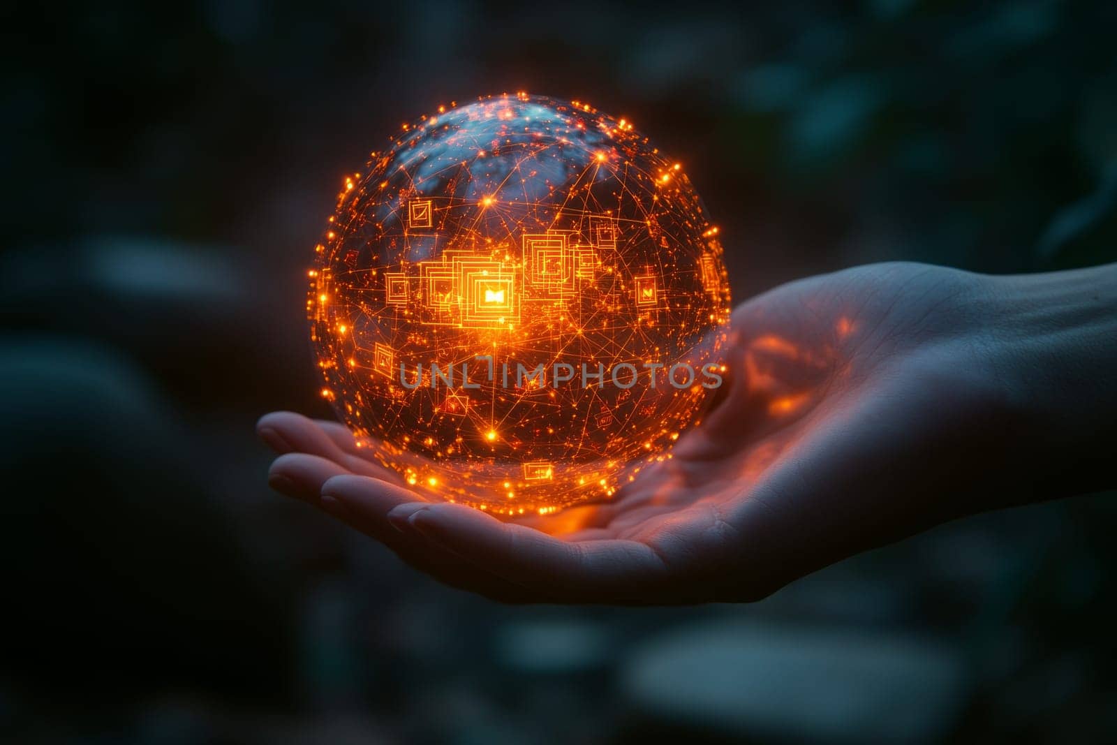 A hand holding a glowing orb made of digital symbols, representing knowledge. The orb illuminates a network of interconnected ideas, signifying the empowerment through digital literacy.