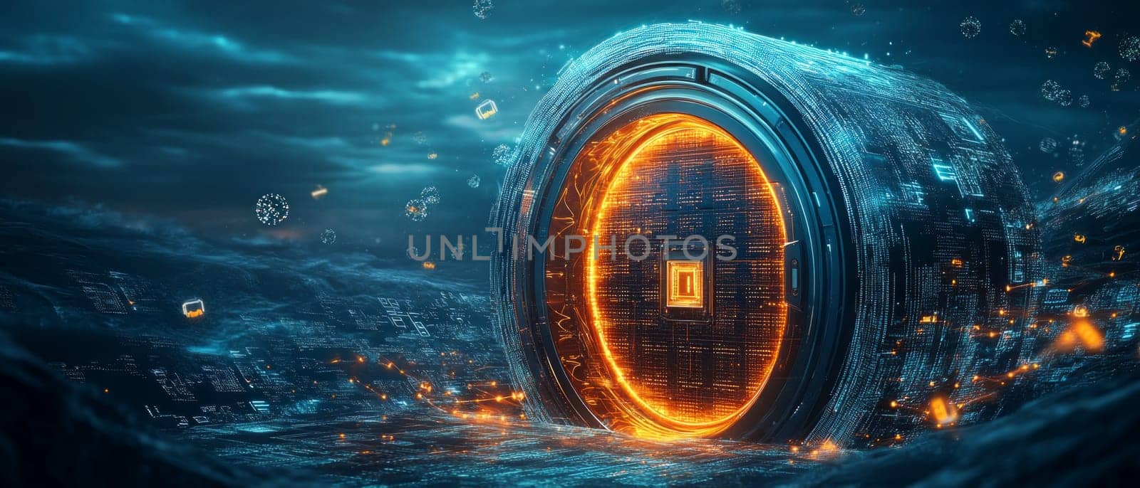 A massive, glowing vault door embedded in a digital landscape. The door is covered in holographic locks and surrounded by swirling data particles, symbolizing secure data privacy.