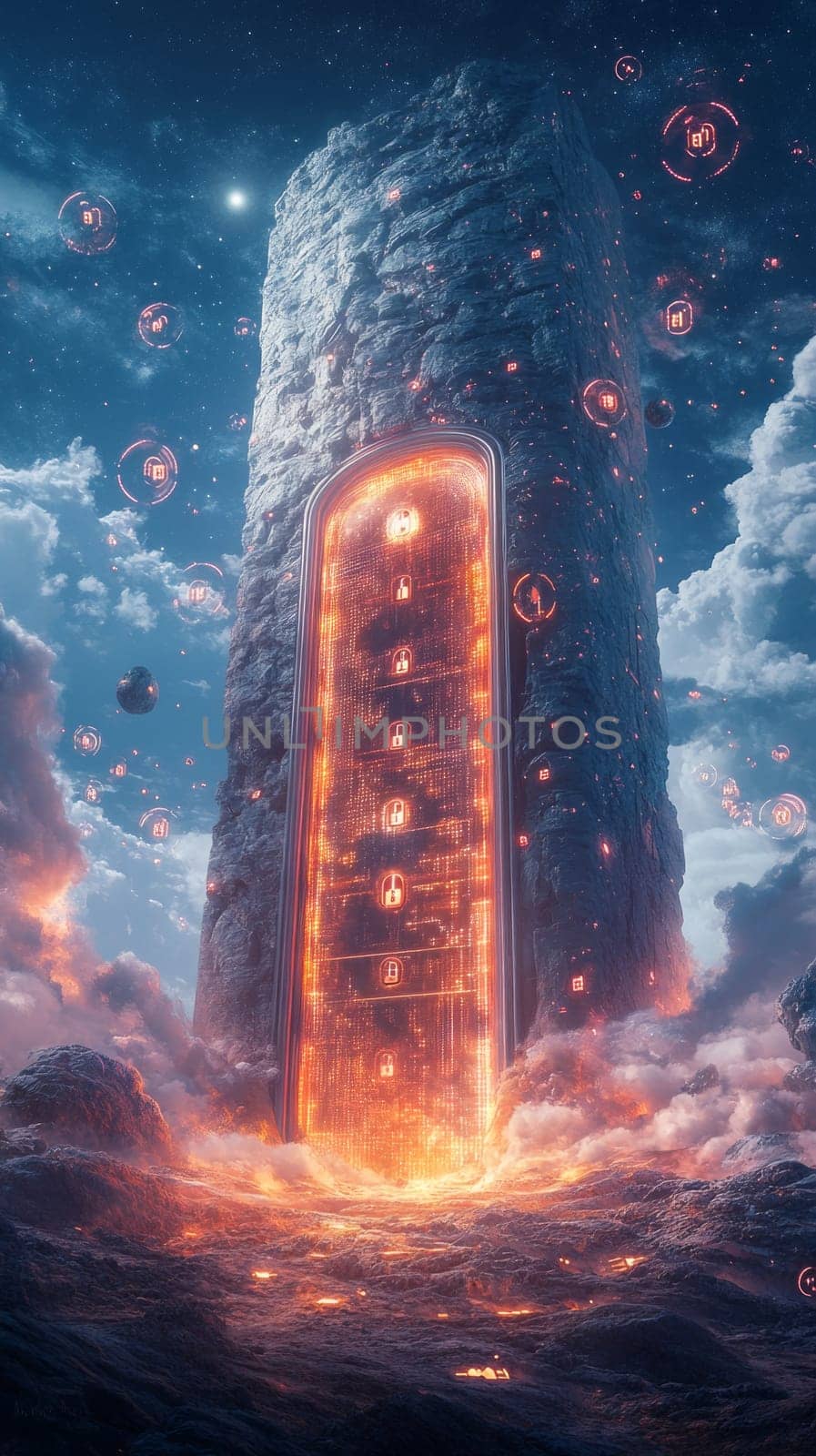 A massive, glowing vault door embedded in a digital landscape. The door is covered in holographic locks and surrounded by swirling data particles, symbolizing secure data privacy.