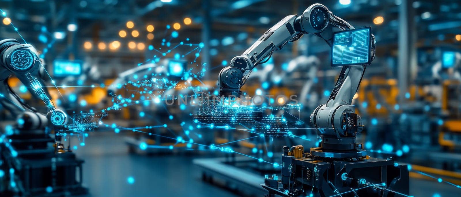 A futuristic factory with robotic arms and holographic controls, all connected by glowing blue network lines. The scene shows machines working in harmony, symbolizing seamless automation.