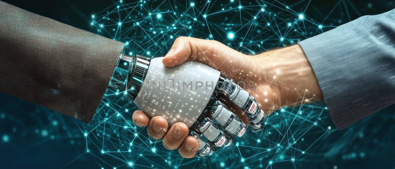 A robotic hand shaking hands with a human hand, both surrounded by abstract network connections and holographic data. The image illustrates collaboration between AI and human intelligence.