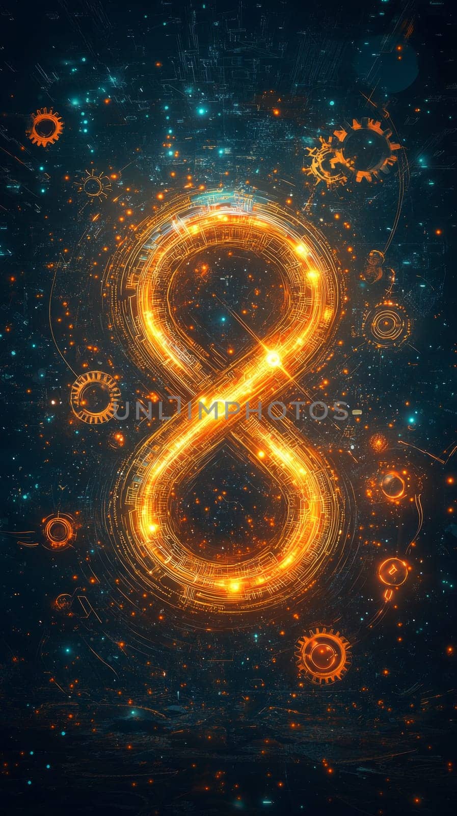 A glowing infinity symbol made of circuit lines, surrounded by floating gears and data streams. The image represents the endless cycle of AI-driven automation improving processes.