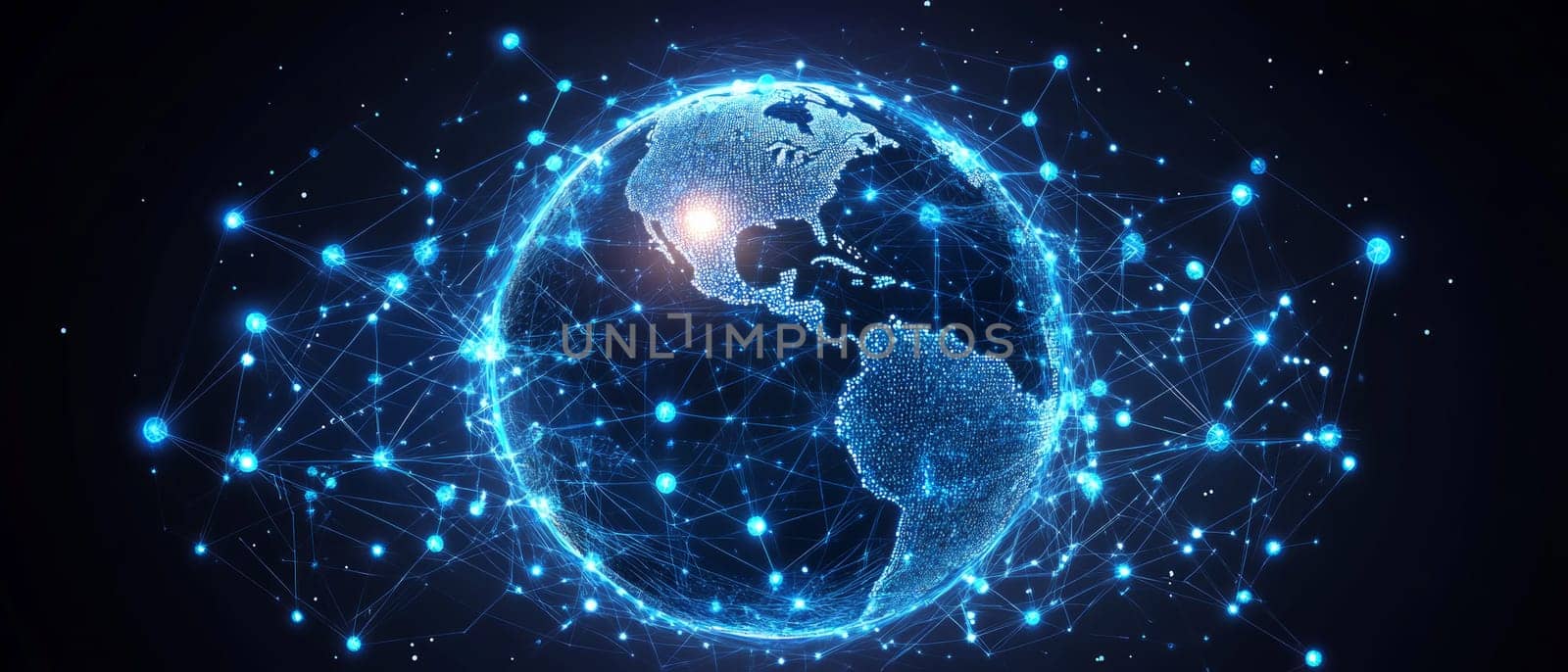 A glowing globe surrounded by interwoven blue lines representing global trade routes. Dots representing businesses and customers are connected by digital pathways, symbolizing online shopping growth.