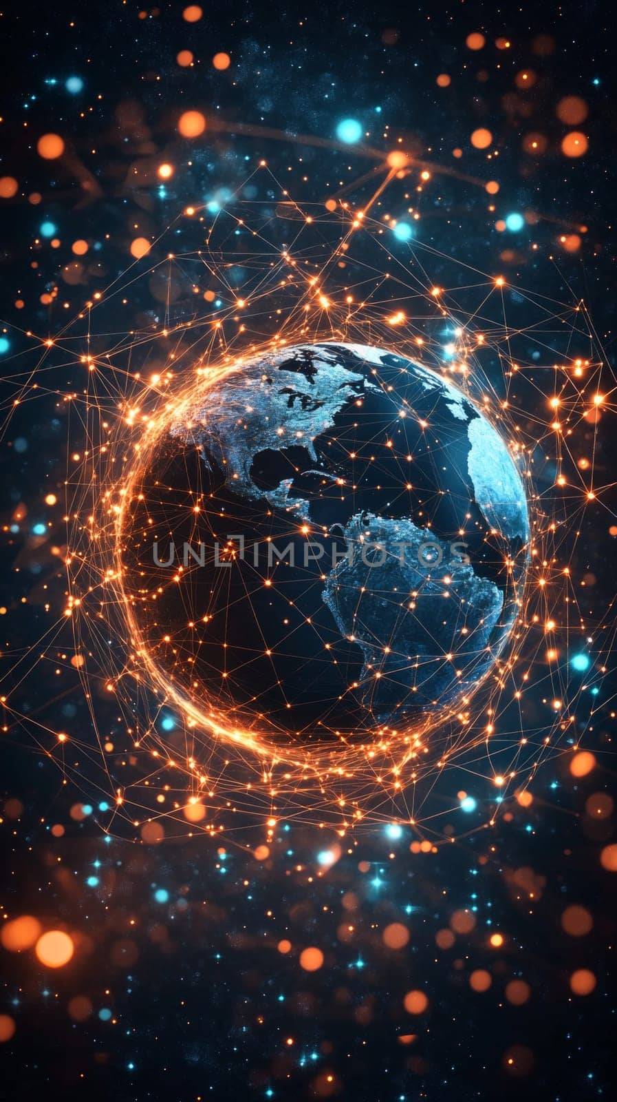 An abstract representation of the Earth surrounded by a web of glowing dots and lines, each dot symbolizing a person connected to the digital world. The glowing network highlights global inclusivity.