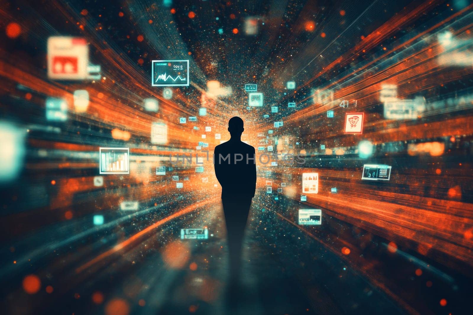 A human silhouette surrounded by swirling data streams and particle effects, with holographic icons of ads, products, and analytics targeting specific areas, representing precision marketing.