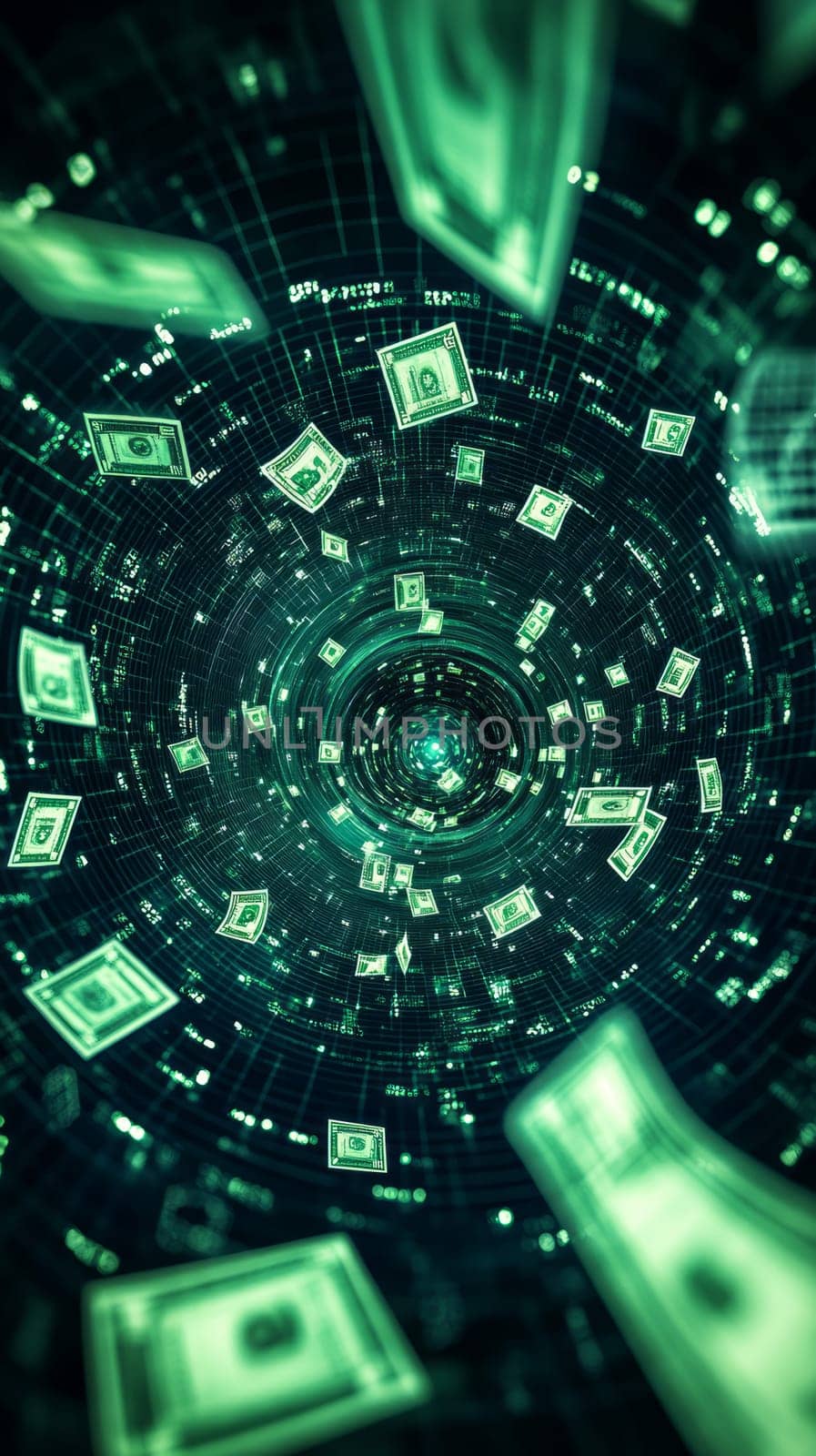 A swirling vortex of floating currency symbols, product icons, and shopping carts, all converging in a central point. The image represents the dynamic and fast-paced nature of e-commerce growth.