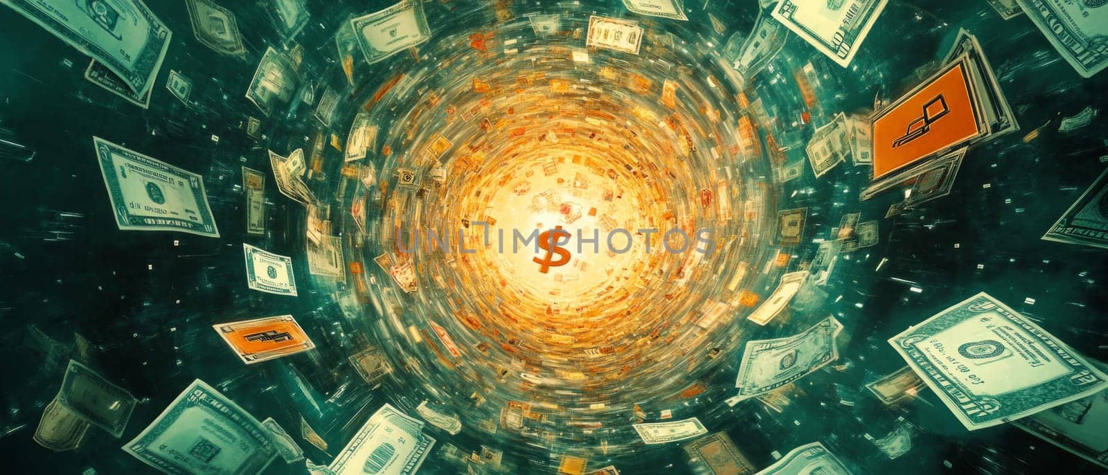 A swirling vortex of floating currency symbols, product icons, and shopping carts, all converging in a central point. The image represents the dynamic and fast-paced nature of e-commerce growth.