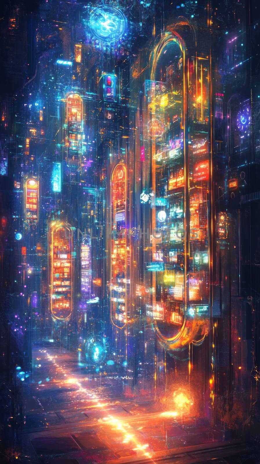Abstract storefronts made of light and holographic interfaces float in a digital space, each representing an online shop. Customers access these stores through glowing pathways.