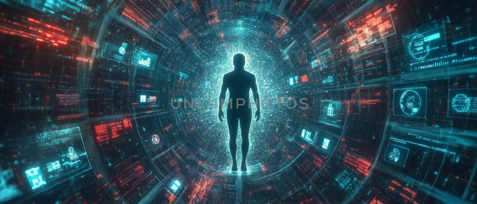 A human silhouette surrounded by swirling data streams and particle effects, with holographic icons of ads, products, and analytics targeting specific areas, representing precision marketing.