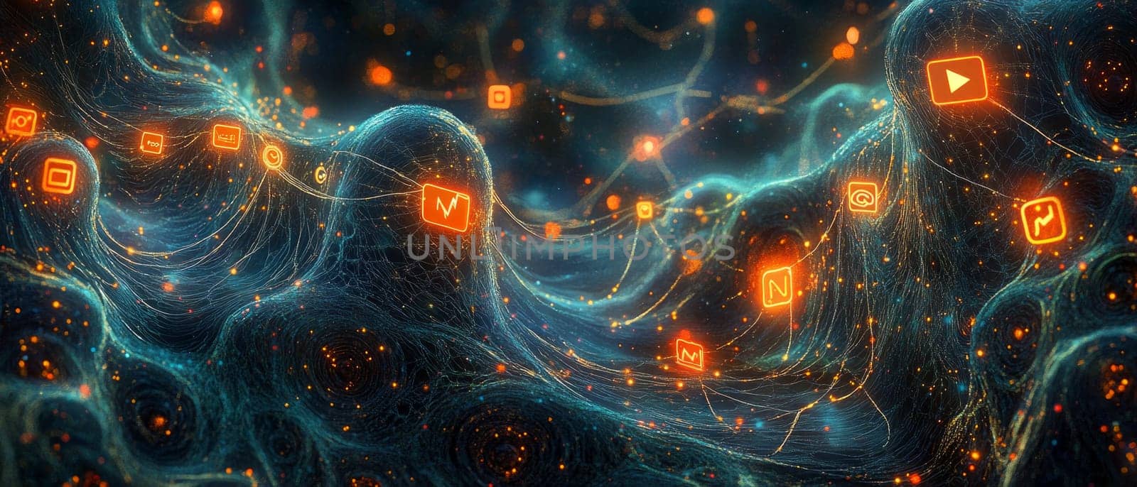 A glowing spiderweb of interconnected social media icons, each connected by digital threads. Data streams and glowing dots flow between them, symbolizing the network of digital marketing.