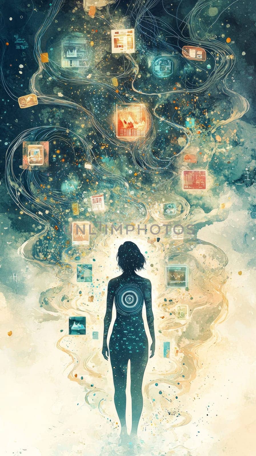 A human silhouette surrounded by swirling data streams and particle effects, with holographic icons of ads, products, and analytics targeting specific areas, representing precision marketing.