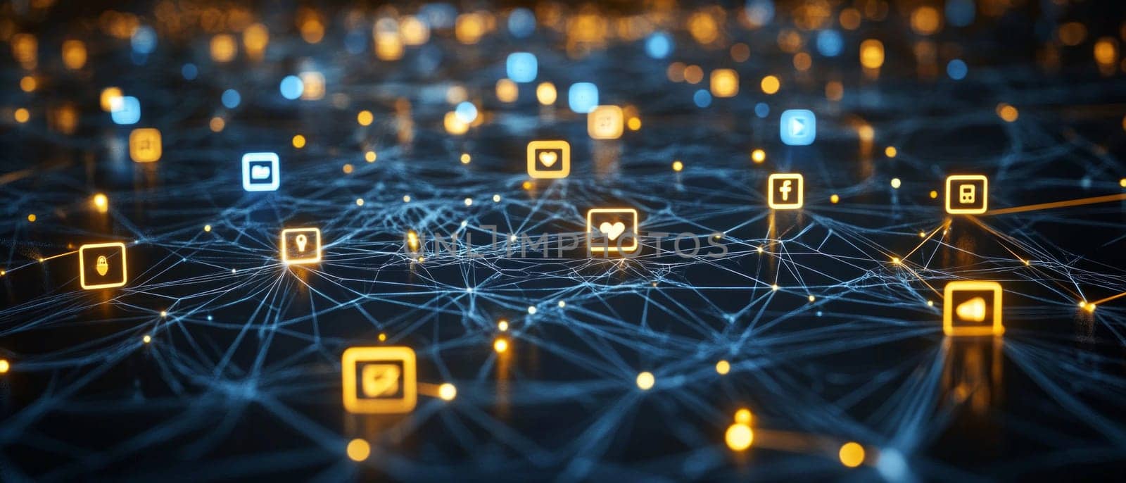A glowing spiderweb of interconnected social media icons, each connected by digital threads. Data streams and glowing dots flow between them, symbolizing the network of digital marketing.
