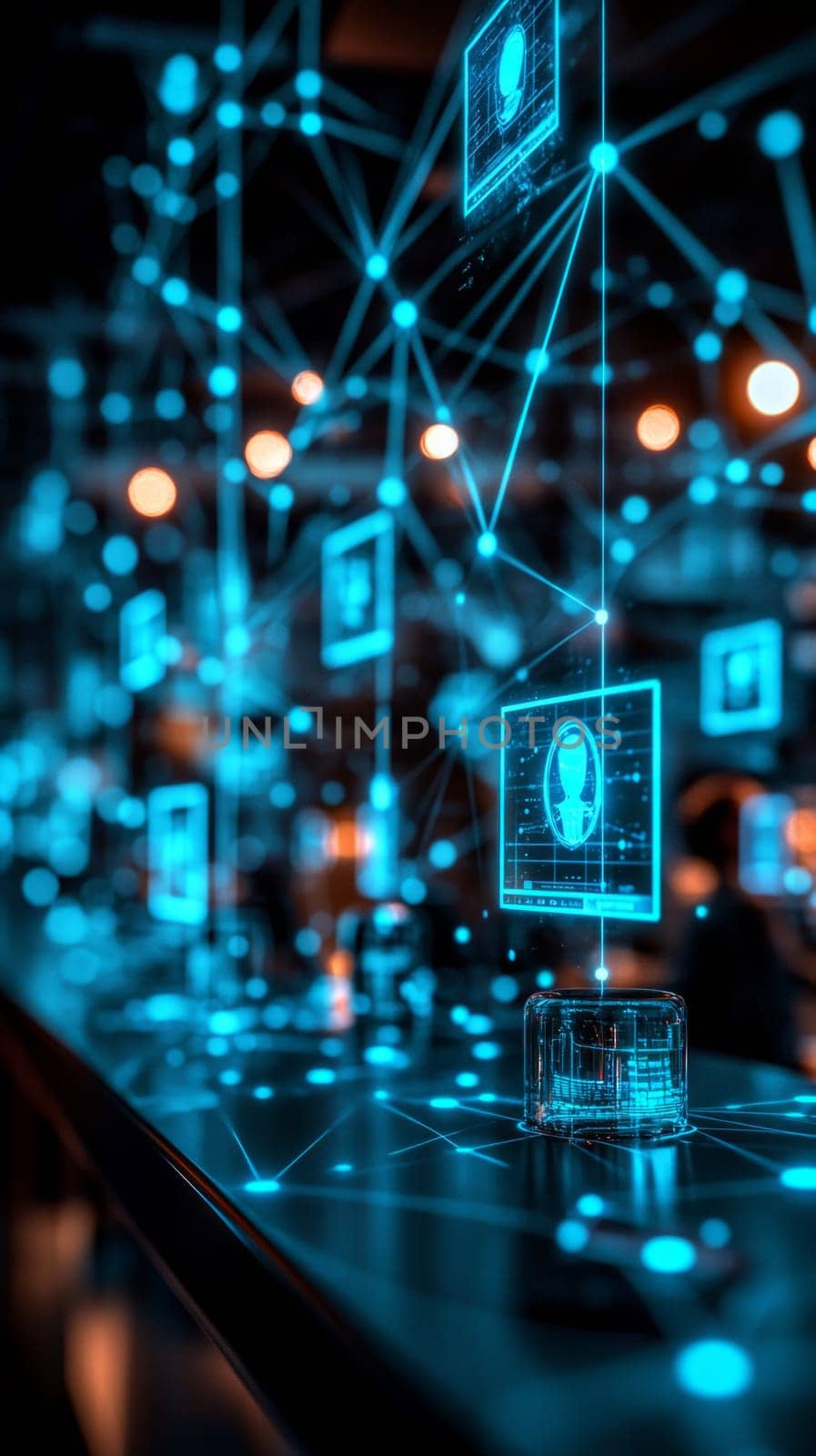 A futuristic office space where floating holographic screens and devices are interconnected by glowing blue-toned lines. Team members appear as avatars, working together in a digital workspace.