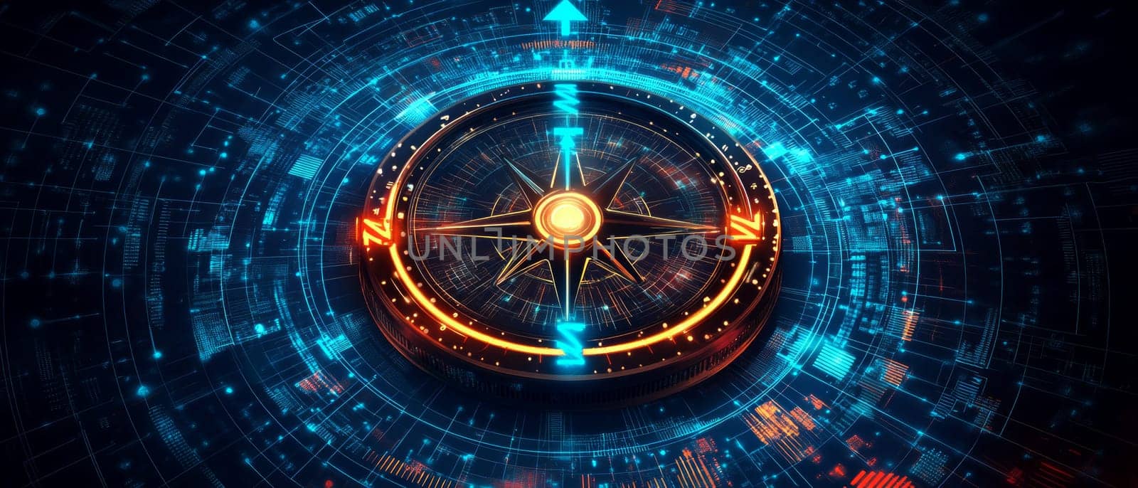 A compass with glowing arrows pointing to different metrics like clicks, impressions, and conversions. Holographic overlays show charts and graphs, symbolizing data-driven marketing strategies.