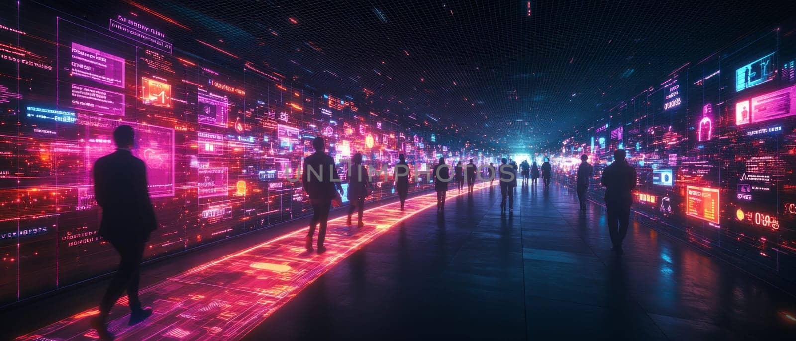 A glowing digital pathway lined with holographic signs showing customer engagement metrics, product reviews, and ads. Customers walk along the path, symbolizing the customer journey in marketing.