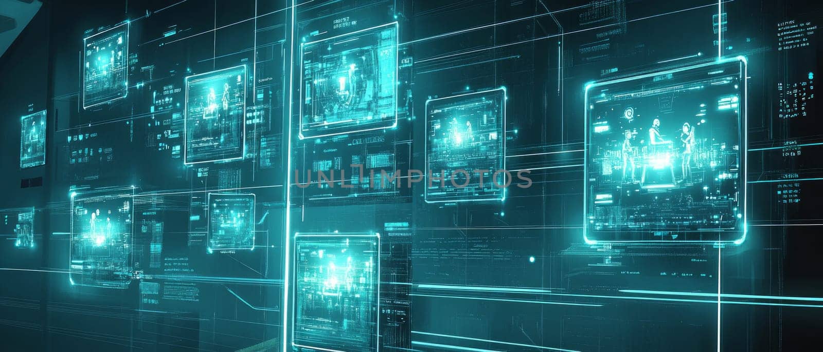 A futuristic office space where floating holographic screens and devices are interconnected by glowing blue-toned lines. Team members appear as avatars, working together in a digital workspace.