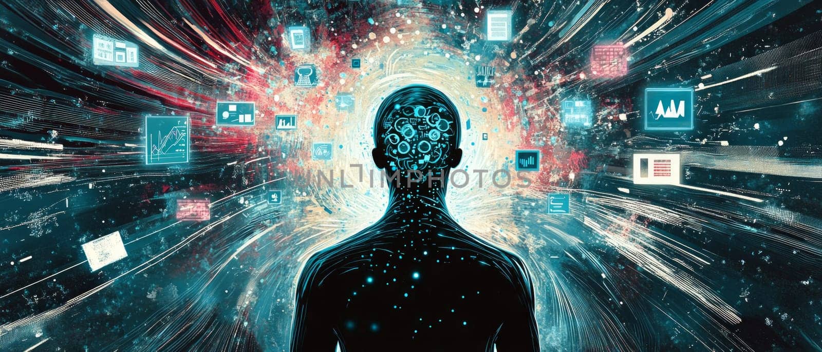 A human silhouette surrounded by swirling data streams and particle effects, with holographic icons of ads, products, and analytics targeting specific areas, representing precision marketing.