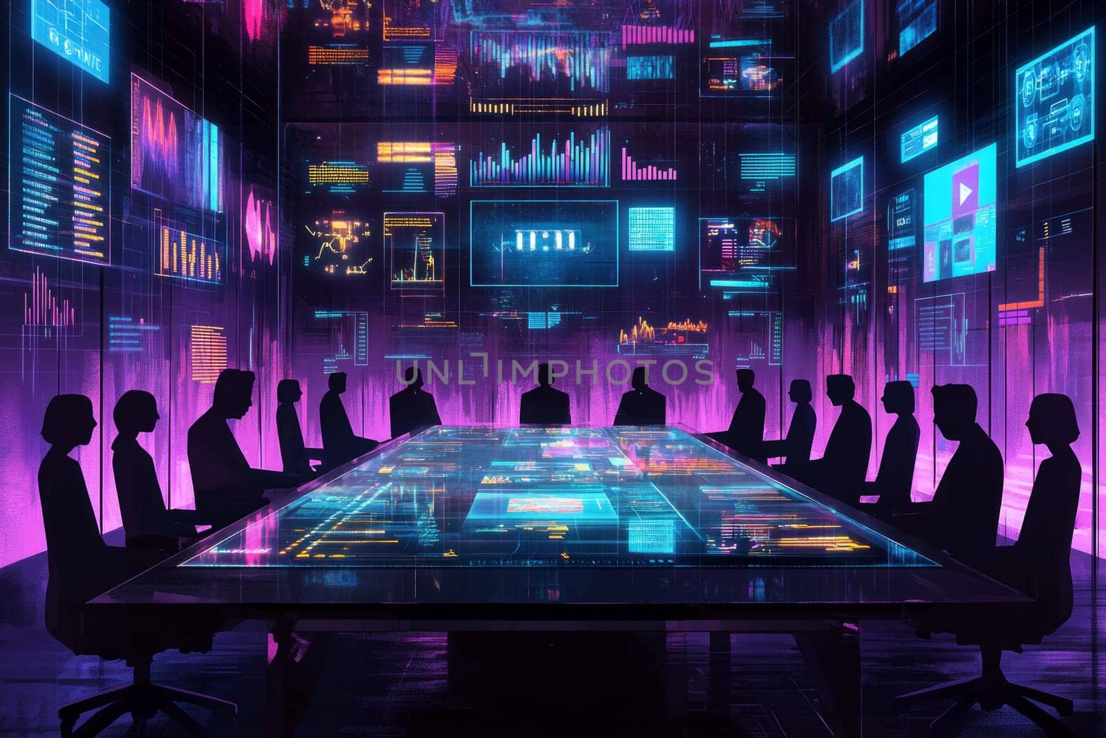A holographic conference table surrounded by floating screens displaying charts, messages, and video feeds. Participants appear as digital silhouettes, representing remote collaboration in real-time.