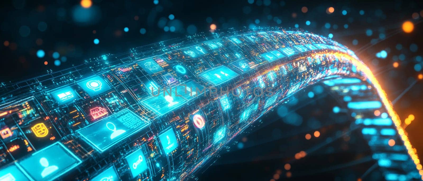 A glowing bridge made of digital screens and icons, connecting individuals from different locations. The bridge pulses with holographic effects, symbolizing seamless collaboration and communication.