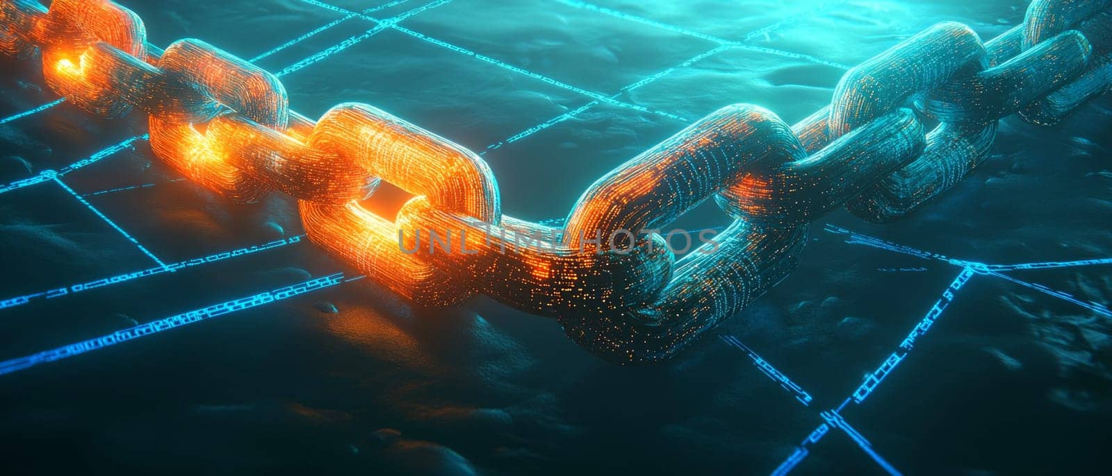 A glowing chain made of interlocking digital blocks, each block engraved with holographic codes. Blue-toned lines connect the chain to a digital network, symbolizing the transparency of blockchain.