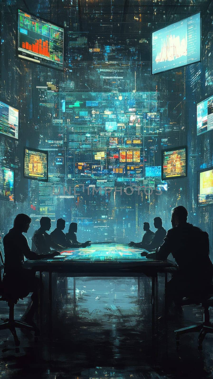 A holographic conference table surrounded by floating screens displaying charts, messages, and video feeds. Participants appear as digital silhouettes, representing remote collaboration in real-time.