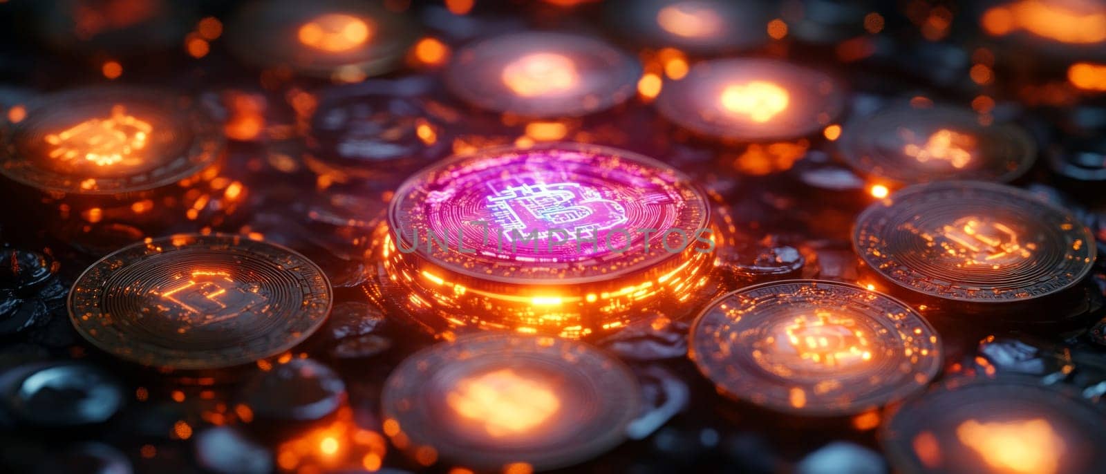 A vast galaxy of glowing cryptocurrency coins orbiting around a central blockchain core. Each coin has a holographic overlay of transaction data, symbolizing the decentralization of currencies.
