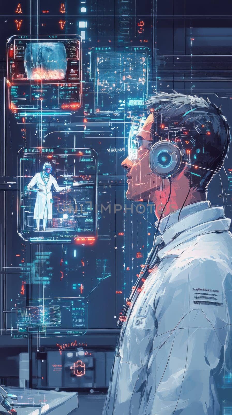 A digital hospital room with holographic medical devices and floating health data screens. A doctor avatar interacts with a patient through a holographic interface, symbolizing telemedicine.