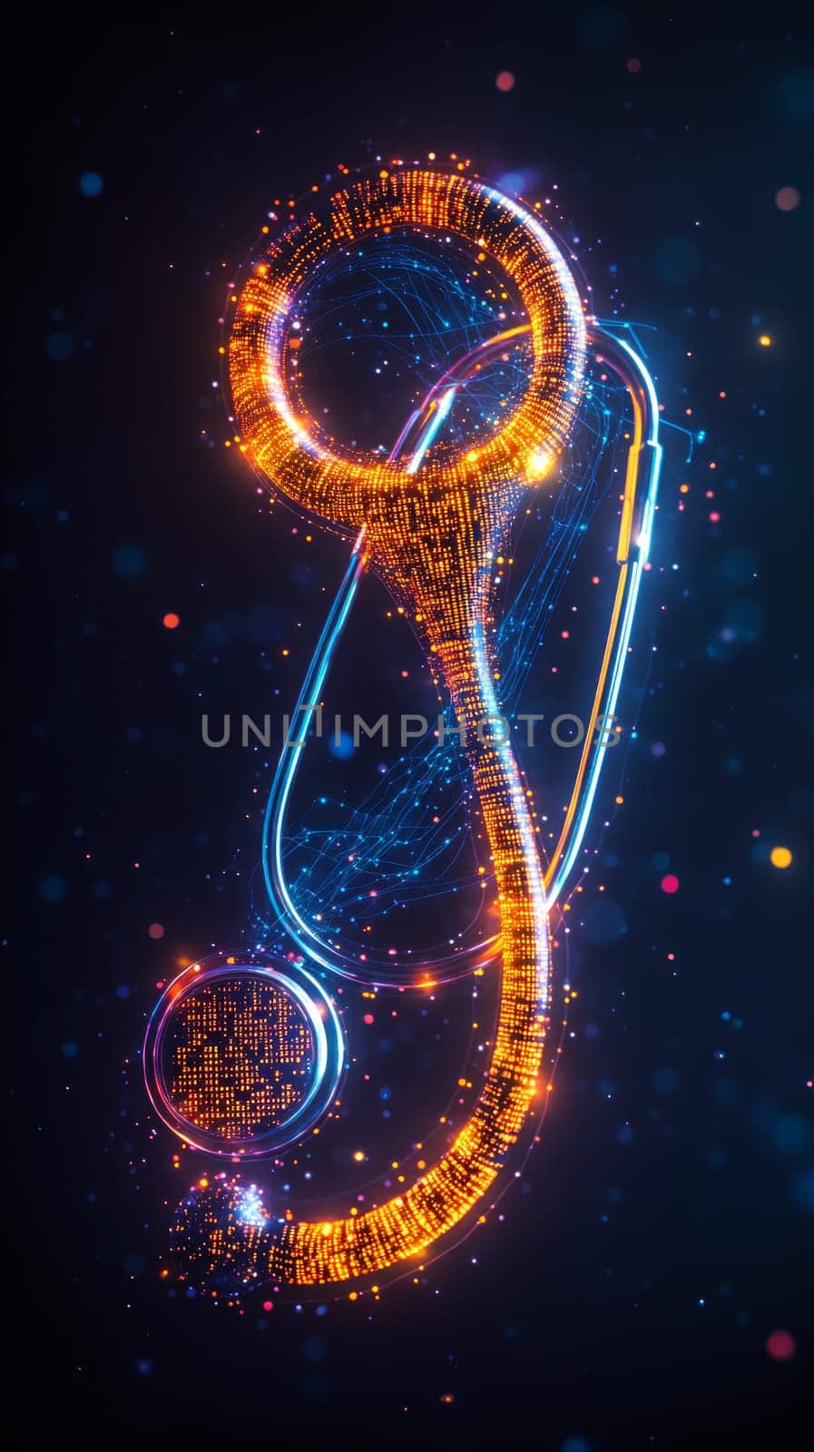 A glowing stethoscope made of digital code and holographic lines, with data streams representing vital signs flowing through it, symbolizing the integration of traditional health with telemedicine.