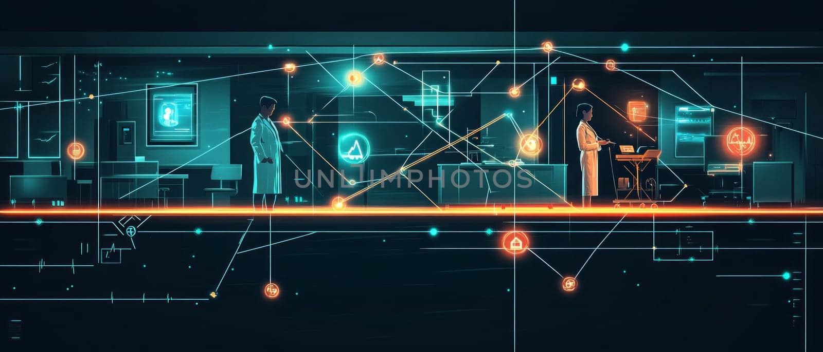 A digital bridge of glowing lines and holographic icons connecting two distant locations: a patient at home and a doctor in a clinic. The bridge represents accessible care through technology.