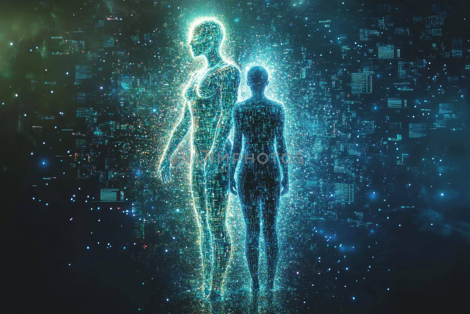A human figure split into two: one side a holographic digital twin, the other a physical person. The digital twin is surrounded by floating data streams, showing the flow of real-time information.